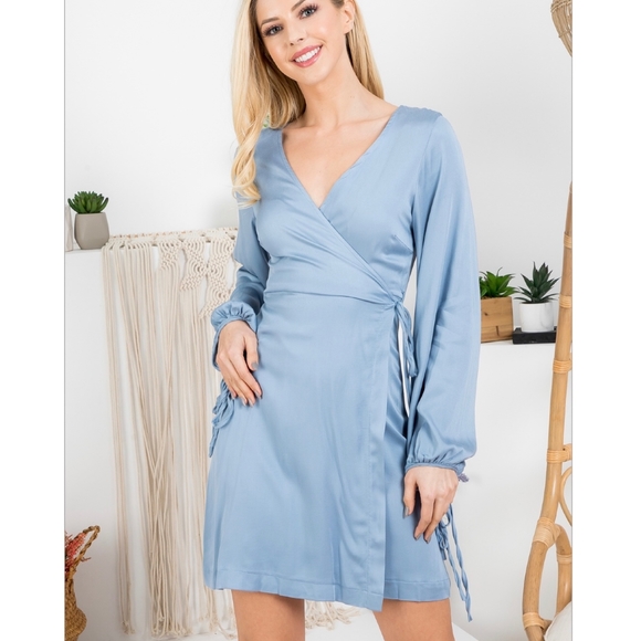 FEW LEFT❗️Feminine Chic Dusty Blue Long Sleeves Wrap Dress - Picture 9 of 10